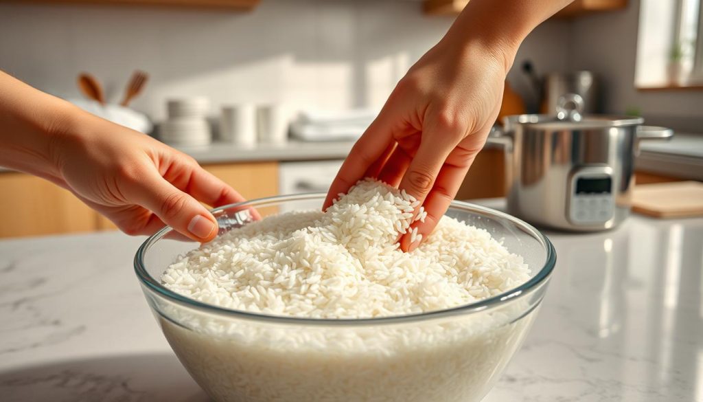 A step-by-step process of washing rice, depicted in a clear and instructional manner. The foreground features a hands-on representation: a pair of hands gently rinsing uncooked rice in a modern bowl filled with water, with grains glistening as they are stirred. In the middle, a neatly arranged kitchen countertop displays kitchen essentials like a measuring cup, clean towels, and a pot ready for cooking. The background shows a well-lit kitchen setting with soft natural light streaming through a window, enhancing the serene atmosphere. Capture a warm, inviting mood, focusing on the simplicity and elegance of the cooking process. Use a macro lens angle to emphasize the details of the rice and water interaction. The overall composition should inspire clarity and a sense of culinary care without any text or distractions.