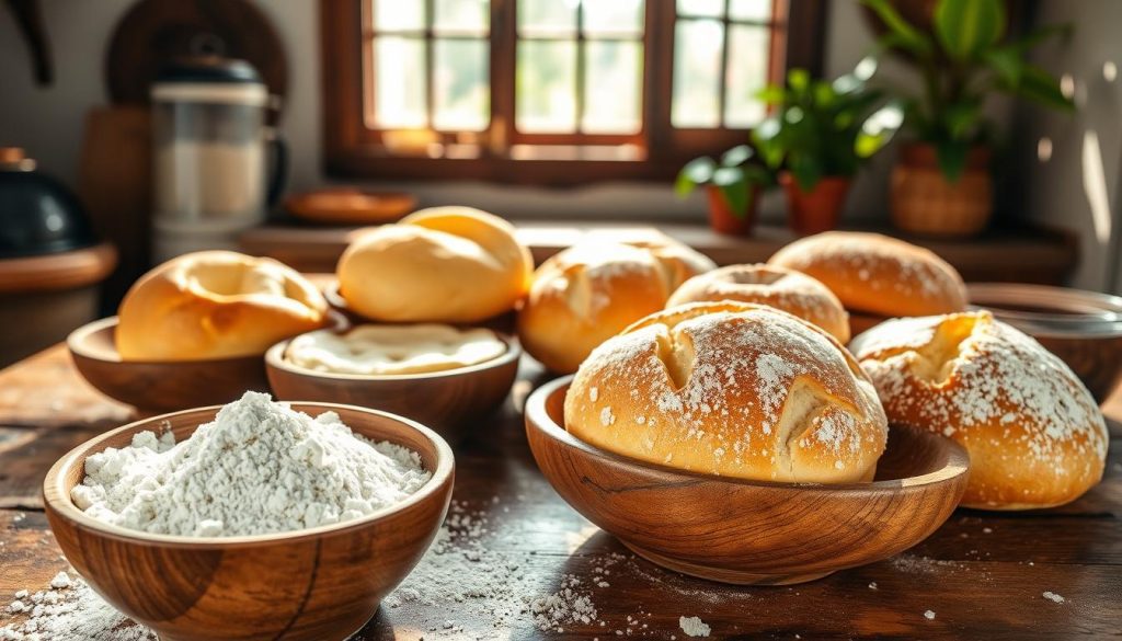 A traditional Brazilian kitchen scene showcasing "polvilho," the fine cassava flour used to create various Latin American breads. In the foreground, a wooden bowl filled with light, airy polvilho, with some flour gently spilling around it. In the middle, a rustic wooden table featuring freshly baked pão de queijo alongside similar breads such as chipa, pandebono, and cuñapé, each with its distinct shapes and textures. The background shows an open window with natural sunlight streaming in, casting warm, soft shadows across the scene, evoking a homely, inviting atmosphere. The camera angle is slightly above the table, capturing the breads in full view, while a hint of greenery from potted plants adds to the warmth and authenticity of the setting.
