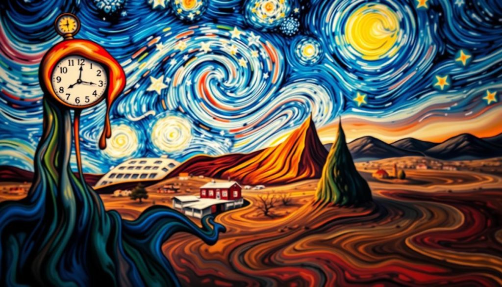 A vibrant and dynamic composition featuring iconic elements from the works of Van Gogh and Dalí. In the foreground, a color-swirled representation of Van Gogh’s "Starry Night" with swirling stars and a calming village. To the left, a melting clock inspired by Dalí’s "The Persistence of Memory," dripping over a barren landscape. The middle section captures a fusion of brush strokes, showcasing both artists' styles, merging classic and modern techniques. The background features a soft gradient sky transitioning from night to day, lit by warm sunlight, creating an inviting atmosphere. Use a wide-angle lens to emphasize depth and perspective, maintaining a balanced focus on both artistic styles. The overall mood should be inspiring and contemplative, highlighting the contrast between classical and modern art.