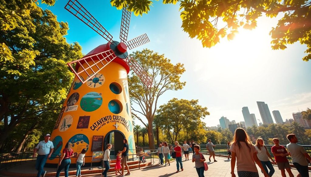 A vibrant and inviting scene of the "Catavento Cultural" in Parque Dom Pedro II, São Paulo. In the foreground, a colorful windmill structure, intricately detailed with various interactive exhibits illustrating scientific concepts. The middle ground features families and children engaged in hands-on activities, absorbing the joy of learning. The background showcases lush green trees and the city's skyline under a bright blue sky, with soft, warm sunlight filtering through the leaves, creating a lively and cheerful atmosphere. The angle captures a dynamic perspective, emphasizing movement and curiosity, evoking a sense of wonder and exploration suitable for all ages. The overall mood is one of excitement and discovery, highlighting science education in a fun and accessible way.