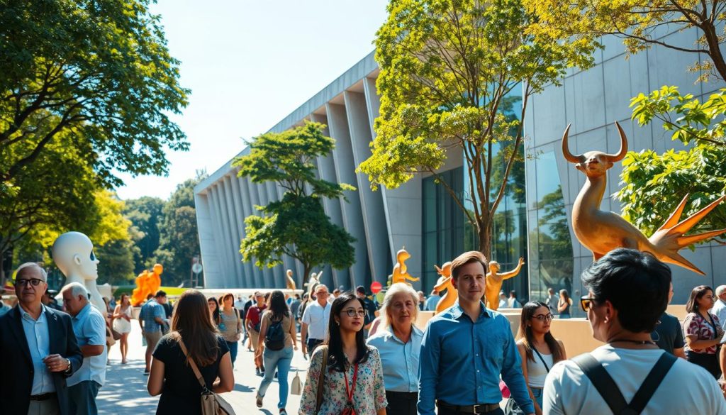 A vibrant contemporary art scene, showcasing the exterior of the Museum of Contemporary Art (MAC USP), set against the lush greenery of Ibirapuera Park. In the foreground, diverse visitors, dressed in professional attire and modest casual clothing, engage with bold sculptures and dynamic installations, their faces reflecting curiosity and inspiration. The middle ground features the museum's striking architectural lines, illuminated by bright, natural sunlight, highlighting the interplay of glass and concrete. In the background, the lush trees of the park create a serene backdrop, while a clear blue sky adds to the uplifting atmosphere. Capture the essence of urban culture, merging art with nature, emphasizing innovation and creativity in a peaceful, inviting setting. Use a wide-angle lens for a more expansive view, conveying the spaciousness and vibrancy of the location.