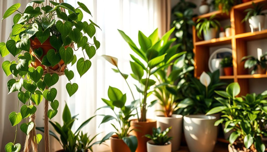 A vibrant indoor setting featuring a variety of easy-care houseplants arranged aesthetically. In the foreground, a lush pothos plant cascades over a stylish macrame plant hanger, its heart-shaped leaves glistening in soft natural light. In the middle, a sturdy snake plant stands tall next to a cheerful peace lily, both in elegant ceramic pots that complement the room's decor. In the background, warm wooden shelves display more plants, creating a cozy, inviting atmosphere. Soft sunlight filters through sheer curtains, casting gentle shadows across the room. The mood is serene and uplifting, perfect for a home sanctuary filled with lush greenery. The perspective is a wide-angle view, capturing the harmonious coexistence of nature and modern living.