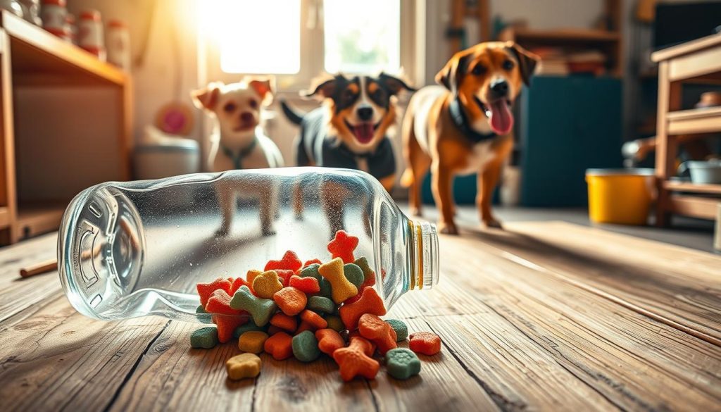 A vibrant, playful scene featuring a "garrafa dispensadora," which is a homemade dog toy made from a plastic bottle. The foreground showcases a clear, empty plastic bottle with its top cut off, resting on a textured wooden surface resembling a workshop setting. Inside the bottle, colorful dog treats are spilling out, enticingly scattered around. In the middle background, a pair of excited dogs, one small terrier and a medium-sized retriever, are playfully interacting with the toy. Soft sunlight filters in from a nearby window, casting warm highlights and gentle shadows across the scene, enhancing the playful atmosphere. The overall mood is cheerful and inviting, perfect for showcasing DIY pet projects. Bright, natural colors dominate the image, emphasizing the fun and creativity involved in making homemade dog toys.