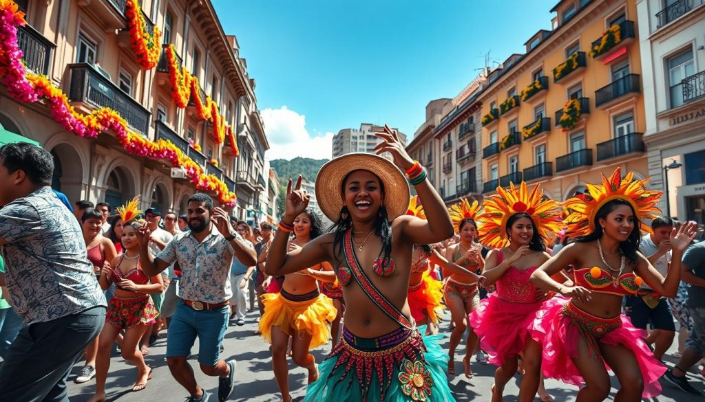 A vibrant street scene capturing the essence of samba during Brazil's Carnival. In the foreground, a diverse group of dancers, dressed in colorful and festive attire, energetically perform the samba, exuding joy and movement. The middle ground features a bustling crowd, with people of various backgrounds celebrating, playing musical instruments, and enjoying the festivities. In the background, iconic buildings draped in festive decorations hint at the transition from the hills to the grand avenues of Rio. The lighting is bright and warm, evoking a joyful atmosphere, with sunlight casting dynamic shadows, emphasizing the rhythm of the dance. Use a wide-angle lens to capture the energy of the celebration and the intricate details of the outfits. The mood is festive, lively, and full of cultural spirit.