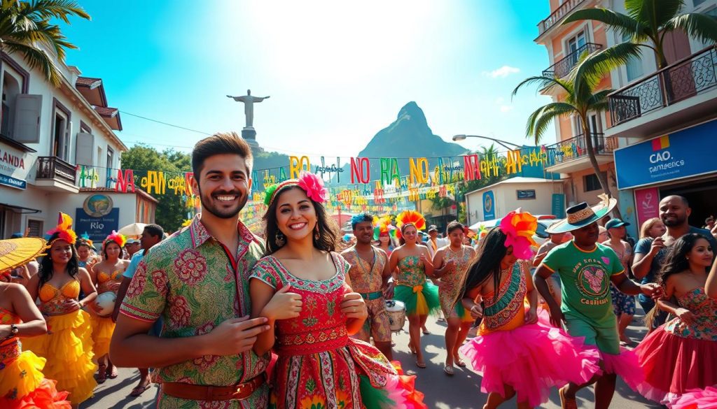 A vibrant street scene in Rio de Janeiro during Carnival, showcasing a diverse group of people in colorful, modest costumes dancing joyfully. In the foreground, a couple with radiant smiles wears traditional Carnival attire, surrounded by an array of joyful revelers and musicians playing drums and guitars. The middle ground features vibrant street decorations with banners and streamers, infused with tropical colors. In the background, iconic landmarks like the Christ the Redeemer statue and Sugarloaf Mountain can be seen under a bright blue sky, enhanced by soft, warm sunlight. The mood is lively and festive, capturing the spirit of celebration and cultural richness of Brazil’s Carnival. The image is framed at a dynamic angle to emphasize movement and excitement.