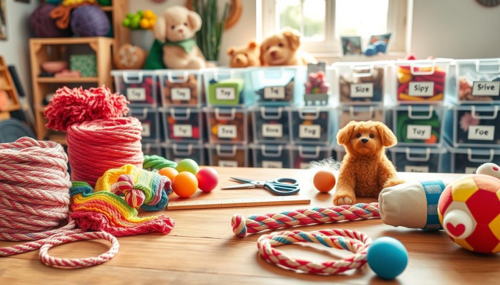 A vibrant workshop setting showcasing a variety of DIY materials for homemade dog toys. In the foreground, there are spools of colorful rope, plush fabric remnants, and rubber balls, neatly arranged on a wooden table. The middle ground features a ruler and scissors, symbolizing the crafting process, alongside a couple of finished toys like a braided tug rope and a squeaky plush animal. In the background, soft, natural light filters through a window, casting gentle shadows and creating a warm, inviting atmosphere. The room is well-organized, with clear bins labeled by toy size and type, emphasizing the theme of adaptability for different dog sizes and ages, inspiring creativity and practicality.