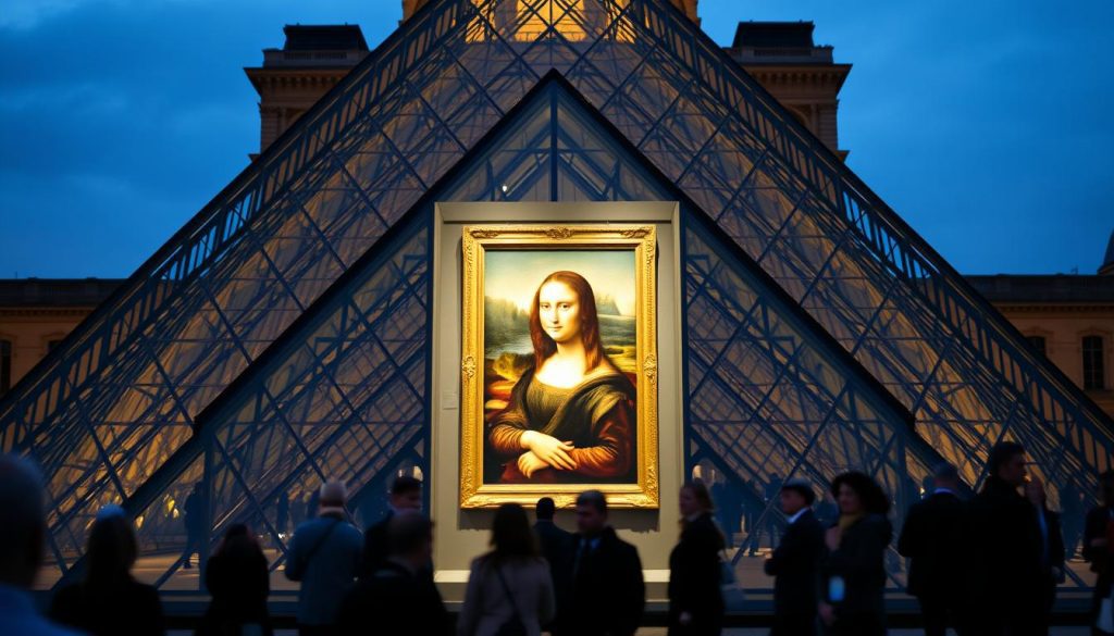 A view of the Louvre Museum’s iconic glass pyramid in sharp focus, showcasing the entrance adorned with elegant details of classical architecture in the foreground. In the middle, a refined portrayal of the Mona Lisa displayed in a softly lit, glass-encased setting that highlights her enigmatic expression and missing eyebrows, symbolizing centuries of art conservation. Background includes blurred crowds of visitors dressed in professional attire, admiring the artwork with a sense of reverence and curiosity. The lighting is warm and inviting, casting soft shadows that create depth and an intimate atmosphere, capturing the awe of witnessing art history in one of the world's most famous museums.