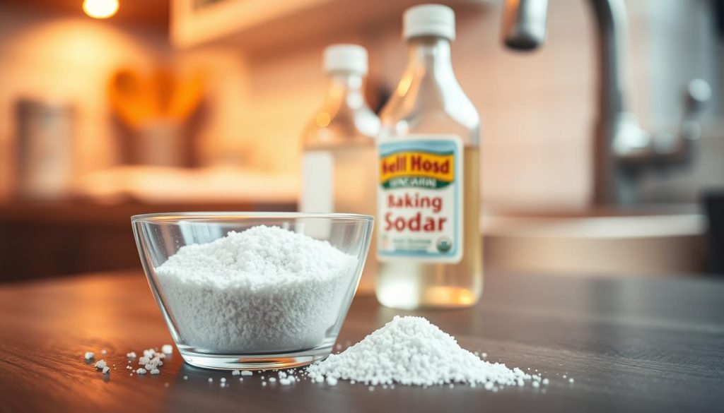 A visually appealing and detailed composition featuring a half cup of baking soda prominently placed in the foreground. The cup, made of clear glass, showcases the fine white powder inside, with some grains gently spilling over the edge. In the middle ground, a small bottle of vinegar is partially visible, accentuating the mixture theme. The background is softly blurred to emphasize the focus on the baking soda and vinegar, with warm kitchen lighting creating a cozy atmosphere. The scene captures the functional essence of a kitchen setting, with subtle hints of kitchen utensils and a sink in the far background, suggesting the task of unclogging drains. The overall mood is practical and inviting, perfect for a home remedy context.