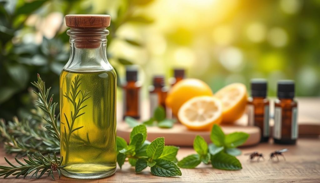 A visually appealing composition showcasing a natural homemade insect repellent. In the foreground, a glass bottle with a wooden cap, filled with a greenish liquid, is placed next to fresh herbs like rosemary and mint, symbolizing natural ingredients. The middle ground features a cutting board with sliced lemons and a scattering of essential oil bottles, emphasizing the DIY aspect. In the background, soft-focus greenery provides a lush, organic feel, enhancing the natural theme. Warm, soft lighting creates an inviting atmosphere, highlighting the texture of the herbs and the clarity of the liquid. The angle is slightly tilted, adding dynamism while keeping the focus on the repellent. No text or distractions in the image, just the beauty and essence of natural repellents.