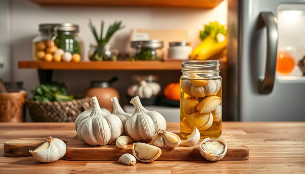 A visually appealing kitchen scene focused on garlic preservation. In the foreground, a small wooden cutting board displays several heads of garlic, some peeled, with a few cloves partially sliced, showcasing freshness. A glass jar filled with garlic submerged in olive oil sits nearby, reflecting the light for an inviting touch. In the middle ground, a rustic wooden shelf holds various preserving tools such as airtight containers, a small book about food preservation, and herbs for flavoring. The background features a softly lit refrigerator with a hint of fresh vegetables, emphasizing a cozy, homey atmosphere. The lighting is warm and natural, with a soft focus to create an inviting feel, suitable for illustrating safe and practical garlic preservation methods in a modern kitchen.