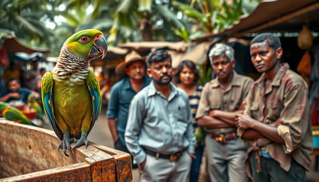 A vivid depiction of a bustling wildlife market scene showcasing colorful parrots in an outdoor setting. In the foreground, a young parrot with vibrant green and blue feathers is perched on the edge of a rustic wooden crate, capturing the viewer's attention. The middle ground features people in modest casual clothing, engaged in conversation, their expressions conveying concern and determination against wildlife trafficking. The background is filled with a mix of lush tropical foliage and market stalls, enhancing the lively atmosphere. The lighting is warm and natural, evoking a sense of urgency yet hope in the fight against illegal wildlife trade. The perspective is slightly angled from above, providing an immersive view of the scene while maintaining a respectful and informative tone.