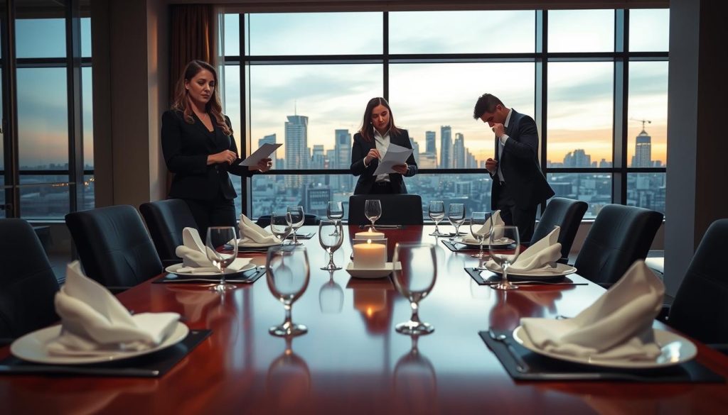 A well-organized modern office meeting room, set for an important business dinner, with a polished mahogany conference table in the foreground. On the table, elegant place settings with fine china, glassware, and folded cloth napkins demonstrate attention to detail. In the middle ground, a woman in a smart business attire is reviewing documents and checking her watch, displaying a look of focus and slight anxiety, while a man adjusts the lighting and arranges the chairs, dressed in a tailored suit. In the background, large windows reveal a cityscape at dusk, casting warm, inviting light into the room, creating an atmosphere of professionalism and anticipation. The composition conveys a sense of preparation and the importance of etiquette in a business setting.